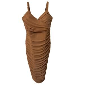 Fashion Nova Size L Ruched Mesh Bodycon Midi Dress Brown Tan Sleeveless